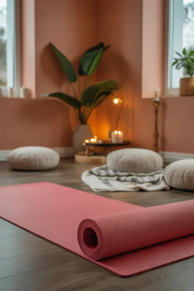 Soft, supportive yoga mat rolled out in meditation corner with cushions and blanket.
