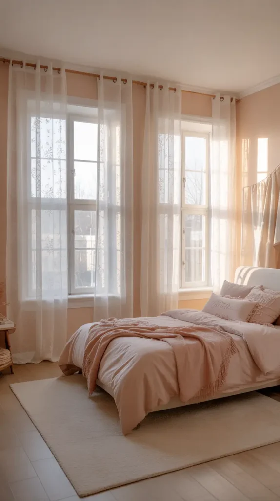  Soft teen bedroom with white lace curtains over tall windows, blush bedding, cream walls, warm daylight filtering through sheer fabric, light wood floors, delicate decor accents, cozy feminine styling, airy layout, photographed from a side angle to capture the glowing natural light and soft textures.