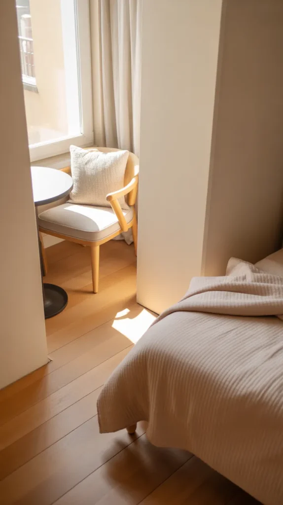 Sunlit bedroom corner with a cozy reading nook by the window, light upholstered chair, textured cushion, small round table, white walls, pale oak floors, soft beige bedding nearby, sheer curtains, warm natural light, airy relaxed style, simple layout, eye-level corner perspective showing bed and chair.
