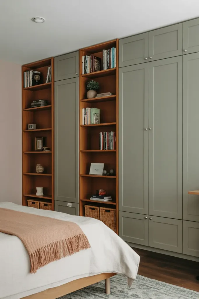 Tall bookshelves and vertical cabinets in a basement bedroom, offering extra storage.