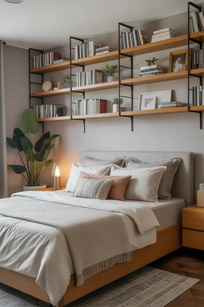 Tall shelves on the wall above the bed to store books and decor, creating vertical storage in a master bedroom.