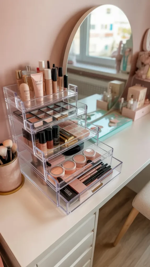 Teen bedroom vanity with clear acrylic makeup organizers, blush beauty products, white desk, round mirror, soft gold accents, warm daylight, tidy feminine styling, pastel decor, light wood flooring, clean polished layout, photographed from a close front angle to highlight neat transparent storage.