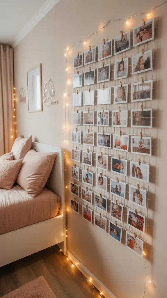  Teen bedroom wall with a neat mini photo grid of printed snapshots clipped to a white wire board, blush bedding nearby, warm fairy lights, soft cream walls, light wood flooring, feminine decor accents, cozy natural lighting, photographed from a front angle to showcase the organized personal display.