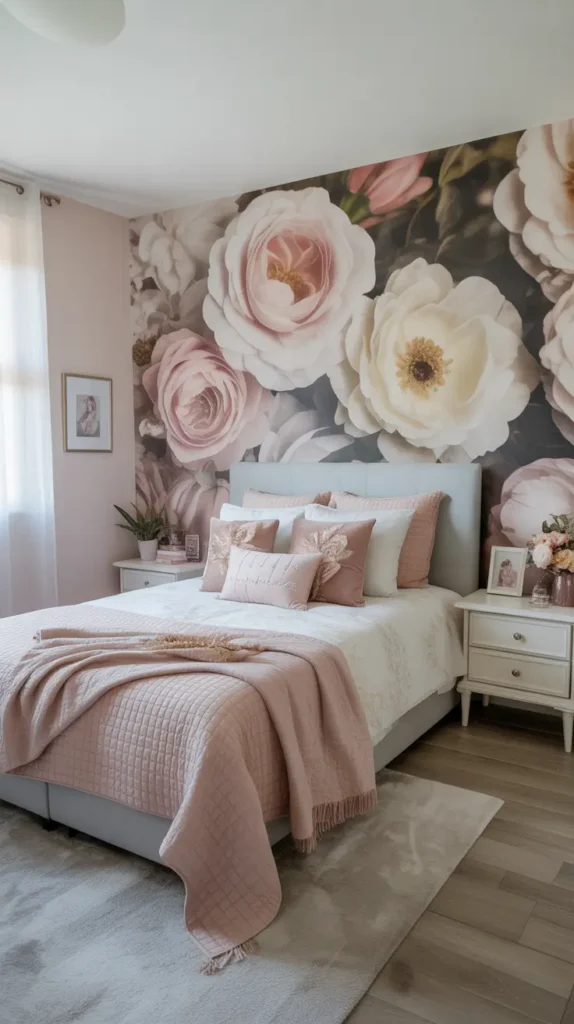 Teen bedroom with a floral wallpaper accent wall behind a white bed, blush pink and cream flowers, soft natural daylight, white nightstands, layered bedding, light wood floor, framed art, romantic feminine styling, photographed from a centered angle to emphasize the statement wall and room symmetry.