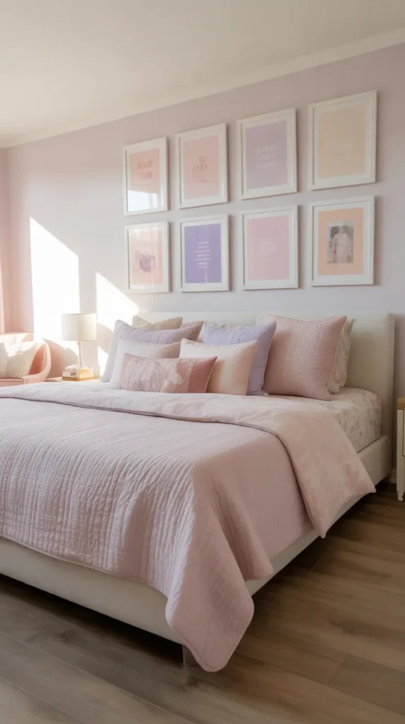 Teen bedroom with a pastel gallery wall above a white bed, soft pink, lavender, and cream art prints in mixed frames, cozy bedding, warm daylight, light wood flooring, layered pillows, feminine decor accents, clean balanced layout, photographed from a straight-on angle to showcase the wall arrangement clearly.