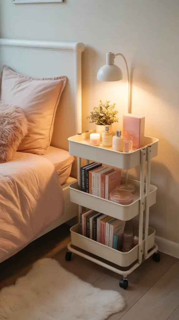 Teen bedroom with a small white rolling bedside cart beside a blush bed, books, candles, skincare, tiny plant, soft warm lighting, cream walls, fluffy rug, light wood floors, feminine organized styling, photographed from a close angled view to highlight practical decor and compact storage.