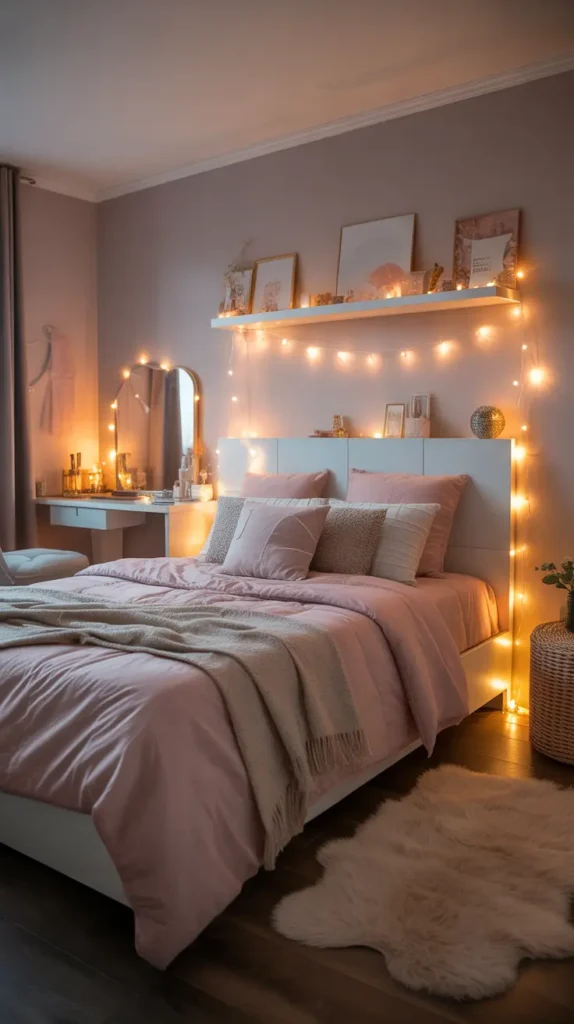 Teen bedroom with warm fairy lights draped over a white headboard and shelves, soft pink bedding, neutral walls, glowing mirror, fluffy rug, small desk corner, warm evening lighting, layered textures, cozy feminine style, captured from a front angle to highlight the soft ambient sparkle.