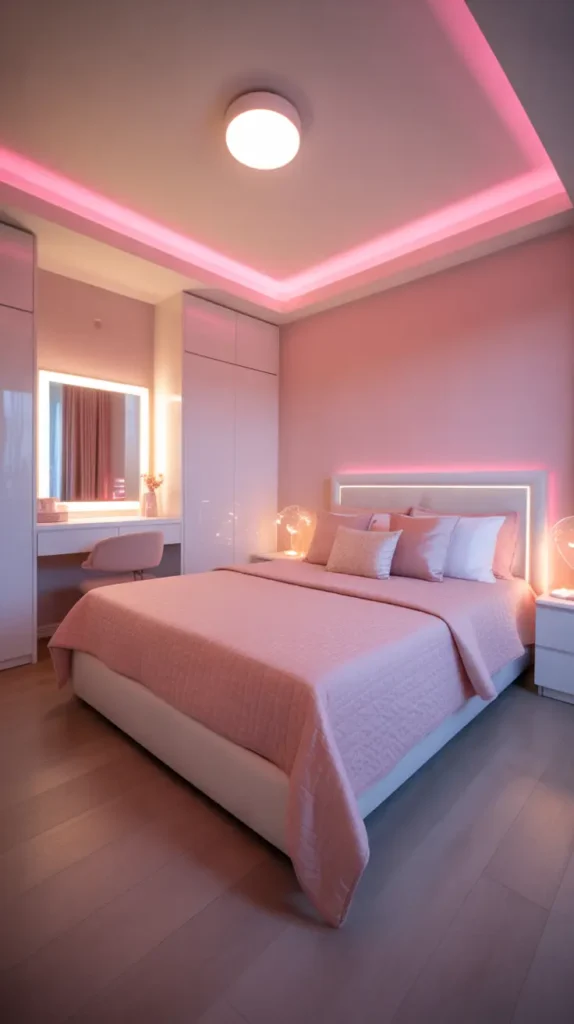 Teen girl bedroom with soft pink LED strip lighting around the ceiling edge and under the bed, white furniture, blush bedding, glowing vanity mirror, warm pink ambient light, clean modern layout, light wood flooring, trendy feminine decor, photographed at dusk from a wide corner angle.
