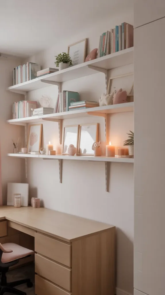 Teen girl bedroom with white floating wall shelves above a desk, pastel books, framed prints, tiny plants, candles, blush decor accents, soft natural lighting, white walls, light oak furniture, cozy feminine styling, clean organized layout, photographed from a side angle showing vertical wall use and decor balance.