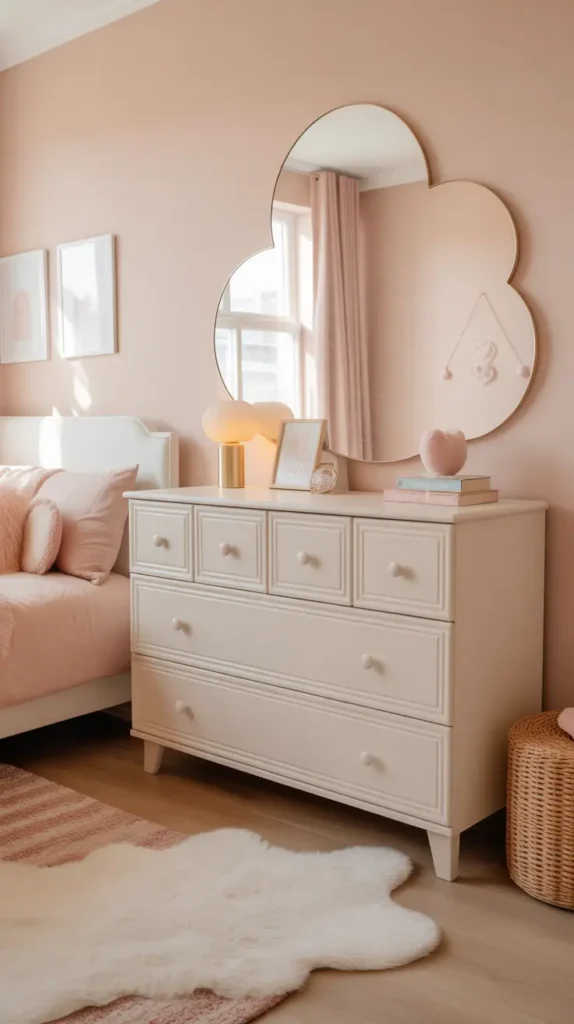  Trendy teen bedroom with a cloud-shaped mirror above a small white dresser, blush decor accents, soft cream walls, warm daylight, gold accessories, fluffy rug, pastel wall art, light oak flooring, airy feminine styling, photographed from a side angle to highlight the mirror as a playful focal point.