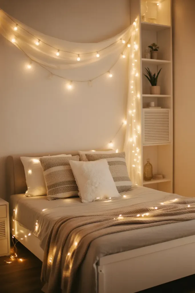 Twinkling fairy lights draped across the bed and walls, creating a soft, glowing effect.