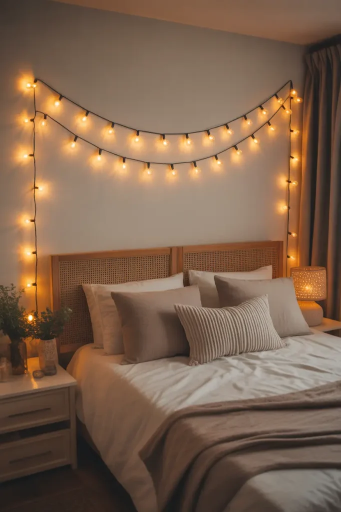 Twinkling string lights hanging above the bed, creating a magical atmosphere.