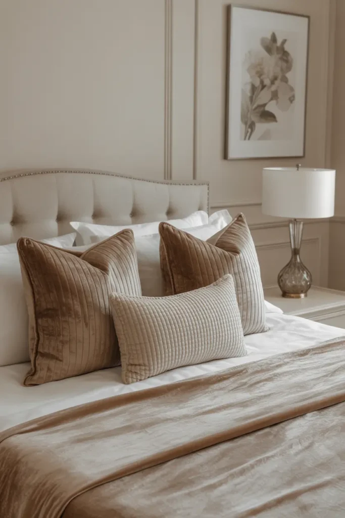 Metallic gold accents on a lamp, picture frame, and mirror in a master bedroom, adding elegance and glamour.