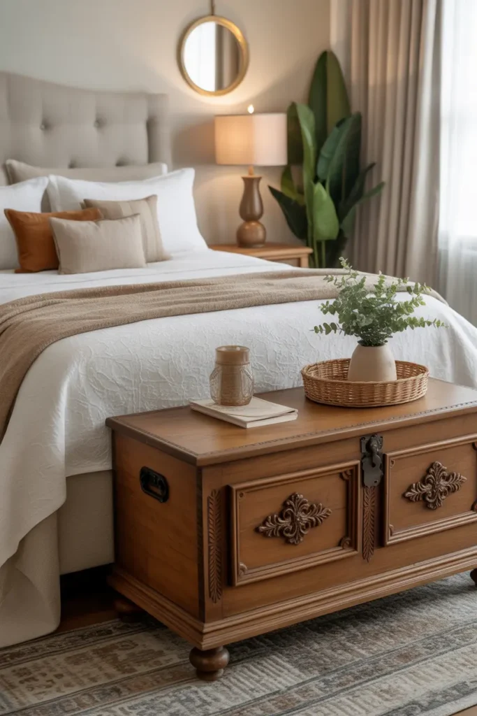 Wooden chest with carved details at the foot of the bed provides storage and vintage charm.