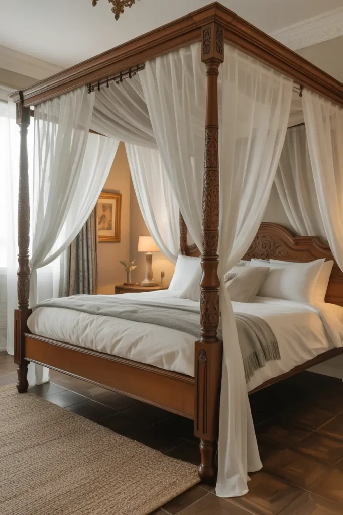 Wooden four-poster bed with sheer drapes and carved posts adds drama and elegance to the room.