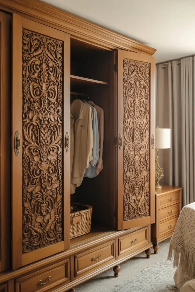 Wooden wardrobes with carved doors and brass handles provide storage and style.