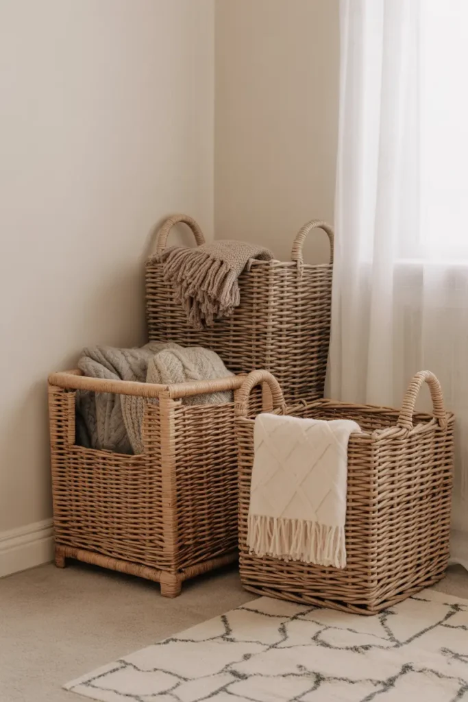 Woven rattan baskets filled with blankets and placed in a corner for storage.