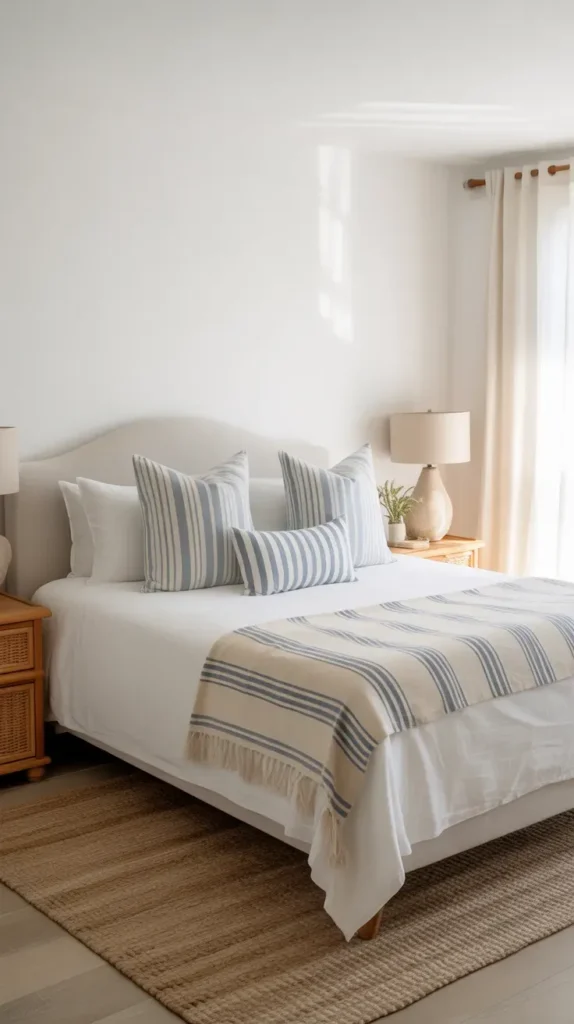  Airy bedroom with white bed, blue and cream striped throw pillows, pale oak nightstands, woven rug, white walls, soft cotton curtains, natural morning light, relaxed coastal palette, minimal summer decor, balanced bed styling, uncluttered layout, eye-level view from the foot of the bed.