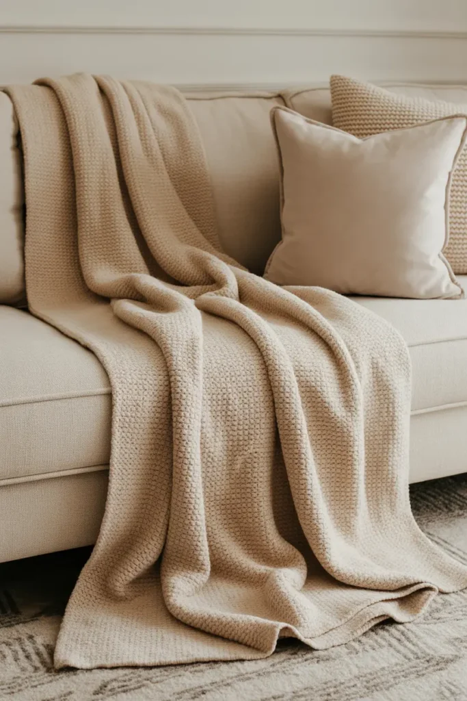 A cozy living room with a textured throw blanket draped over a neutral-toned sofa. Soft, knitted fabrics in beige and ivory create a welcoming atmosphere, adding warmth without overpowering the room. The blanket, combined with pillows and a soft rug, enhances the room’s cozy, layered aesthetic, inviting relaxation.