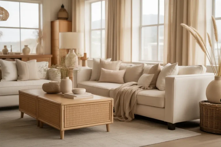 Timeless beige living room with soft tones, light wood furniture, and natural textures creating a cozy, inviting atmosphere.