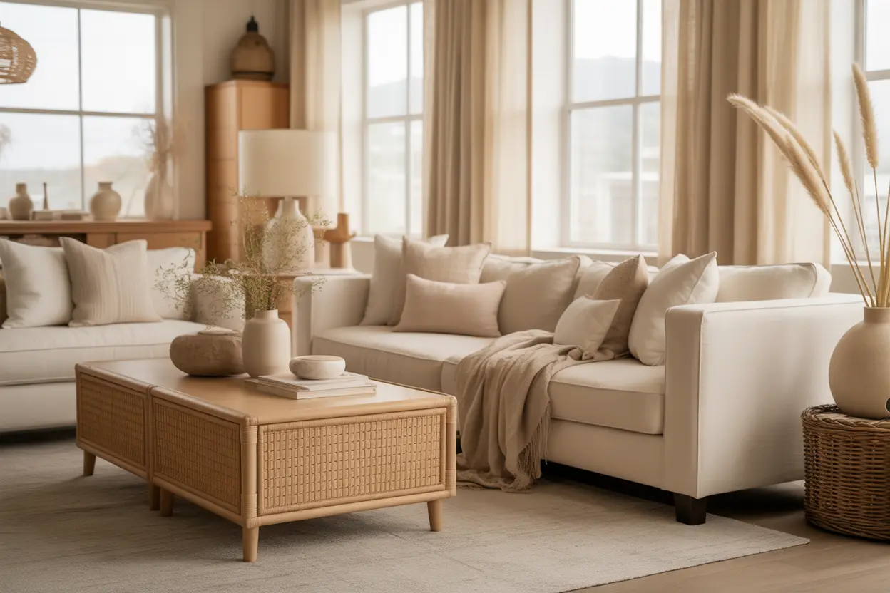 Timeless beige living room with soft tones, light wood furniture, and natural textures creating a cozy, inviting atmosphere.