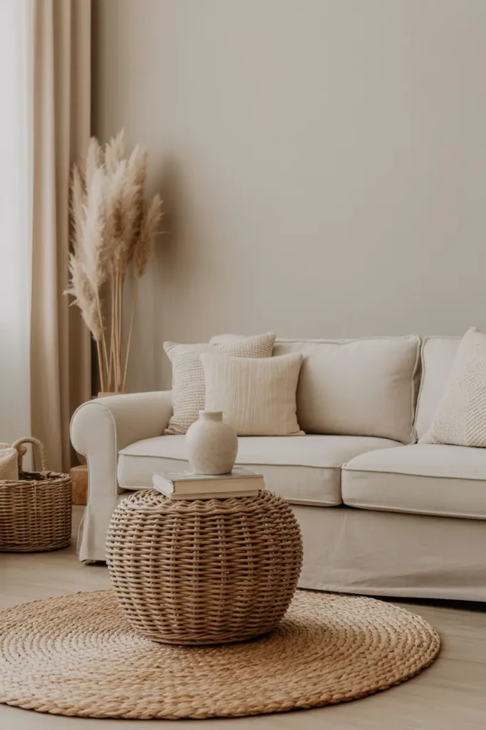 A cozy neutral living room with plush velvet pillows in soft beige and warm tones, arranged on a neutral-toned sofa. The velvety texture contrasts with the room's simpler elements, adding a luxurious and inviting feel. Soft lighting enhances the rich fabric, creating an elegant, comfortable atmosphere.