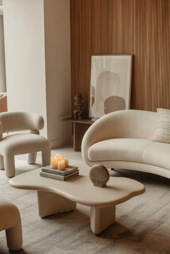 A luxury organic-modern lounge with soft diffused daylight, warm neutral palette, sculptural stone coffee table, low-profile cream sofa, boucle chair, ribbed wood paneling, abstract art, stacked books, candles, and a textured rug. Wide shot from seated eye level with layered foreground decor, realistic stone grain, soft shadows, and an elegant, curated, Pinterest-viral mood.