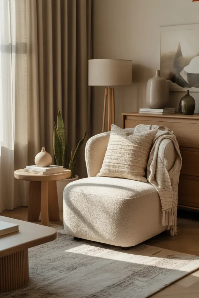 A cozy organic modern living room reading corner with soft morning light, warm oat, cream, and olive palette, boucle chair, wood side table, floor lamp, layered throw, textured rug, stacked books, ceramic vase, and indoor plant. Styled corner close-wide shot at eye level with soft shadows, realistic fabric folds, depth layering, and a calm, inviting, high-end Pinterest atmosphere.