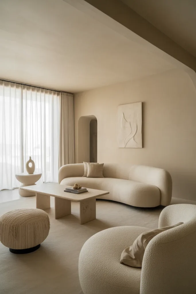 A luxury modern living room with soft diffused afternoon light, creamy neutral palette, curved ivory sofa, travertine table, boucle ottoman, plaster walls, sheer curtains, abstract wall art, and sculptural decor. Wide-angle interior photography with layered foreground styling, realistic fabric texture, gentle shadows, open layout, and an airy, sophisticated, cozy Pinterest-worthy mood.