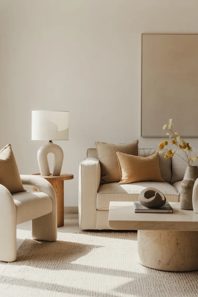 A high-end modern organic living room with soft diffused daylight, creamy neutral palette, boucle accent chair, linen sofa, oak side table, travertine coffee table, textured rug, abstract art, ceramic decor, and warm layered textiles. Wide eye-level shot with foreground styling, realistic fabric texture, soft shadows, airy spacing, and a cozy, elegant editorial Pinterest atmosphere.