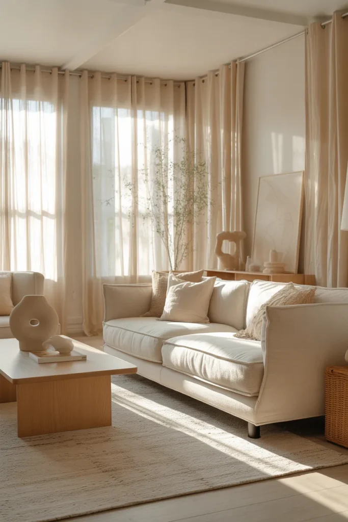 An airy organic modern living room with layered sheer curtains, soft morning sunlight filtering through windows, ivory and sand palette, linen sofa, light oak furniture, textured rug, ceramic decor, tall plant, and minimal art. Wide eye-level interior shot with glowing fabric layers, soft shadows, realistic folds, open layout, and a fresh, calm, elegant Pinterest-worthy atmosphere.