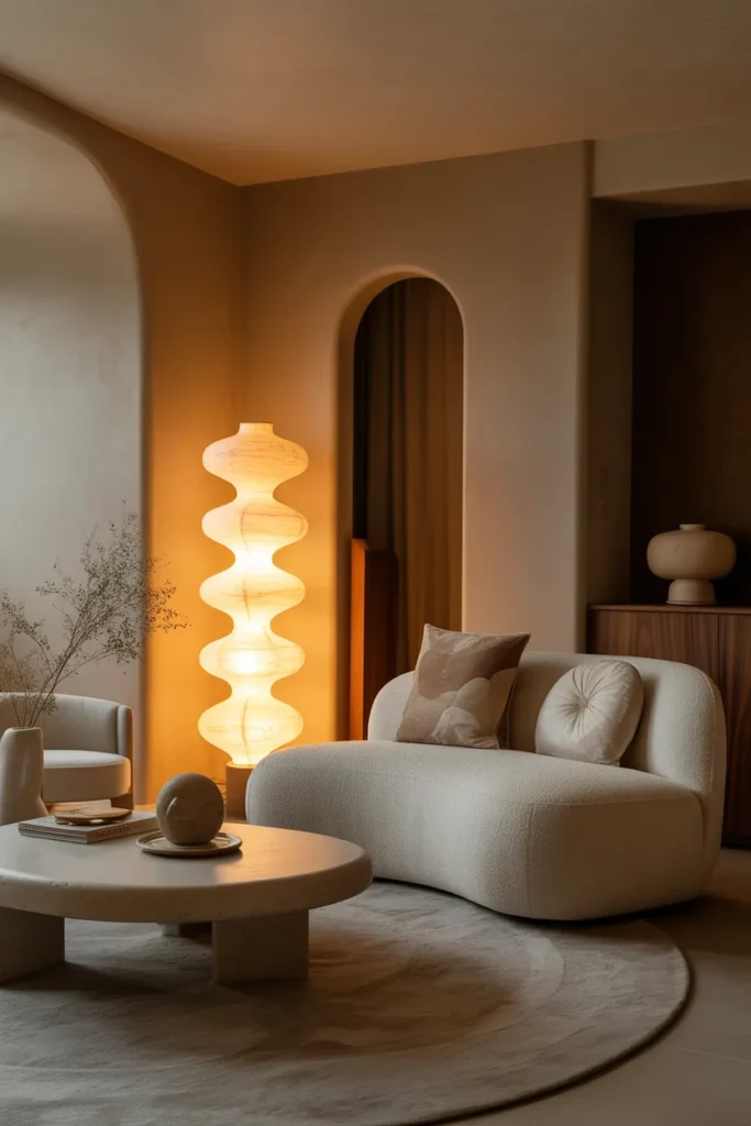 A luxury modern-organic living room with a sculptural statement floor lamp, warm ambient evening light, creamy taupe and sand palette, curved linen sofa, stone coffee table, textured rug, wood accents, ceramic decor, and soft layered textiles. Wide eye-level interior shot with glowing light pools, realistic shadows, styled foreground elements, and a cozy, upscale Pinterest-viral atmosphere