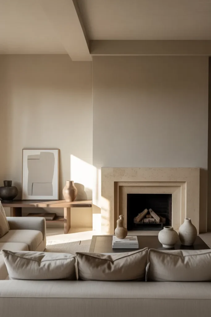 A luxury minimalist living room with a sleek fireplace wall, soft natural afternoon light, warm taupe and ivory palette, limestone surround, low linen sofa, wood console, abstract art, ceramic vases, and subtle layered textiles. Wide eye-level interior shot with clean architectural lines, soft shadows, styled foreground objects, and a calm, sophisticated Pinterest-worthy mood.