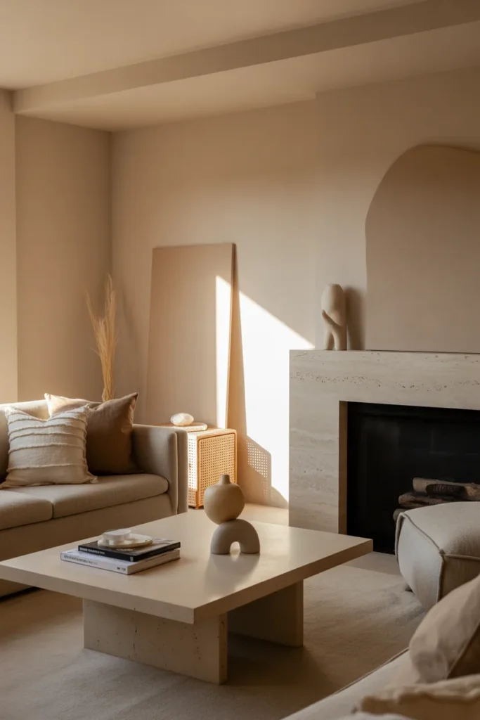A modern minimalist living room with soft golden-hour light, beige and taupe palette, linen sectional, travertine coffee table, limestone fireplace, matte clay decor, rattan accents, oversized art, and layered textiles. Eye-level wide shot with styled corners, natural texture detail, soft shadow depth, balanced spacing, and a serene, upscale, cozy editorial interior atmosphere.