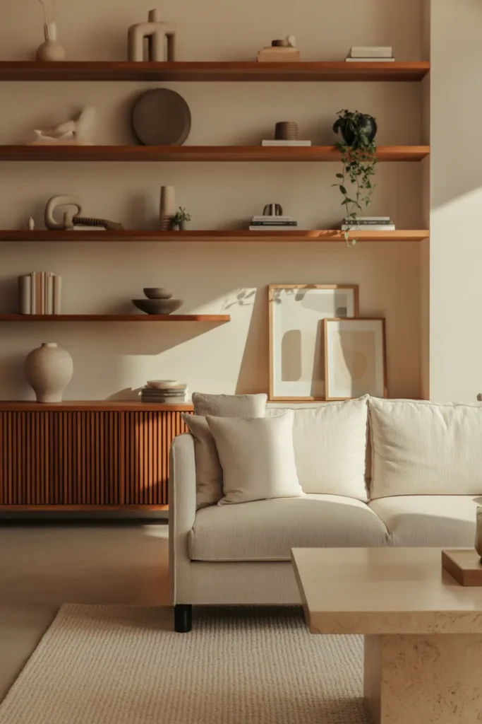 A modern organic living room with minimalist styling, soft natural afternoon light, warm beige and walnut palette, floating wood shelves, linen sofa, travertine table, textured rug, ceramic vases, stacked books, trailing plant, and framed abstract art. Wide eye-level shot with layered shelf styling, realistic wood grain, soft shadows, and a calm, polished, Pinterest-worthy atmosphere.