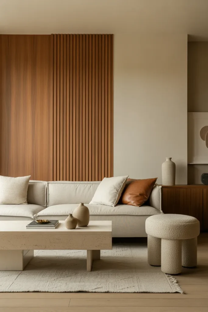 A contemporary organic modern living room with Scandinavian influence, soft side-lit natural daylight, warm oak, cream, and taupe palette, vertical wood slat wall detail, linen sofa, travertine coffee table, boucle stool, textured rug, ceramic vases, and minimal wall art. Wide eye-level shot with layered foreground decor, realistic wood grain, soft shadows, and a refined, cozy, architectural atmosphere.
