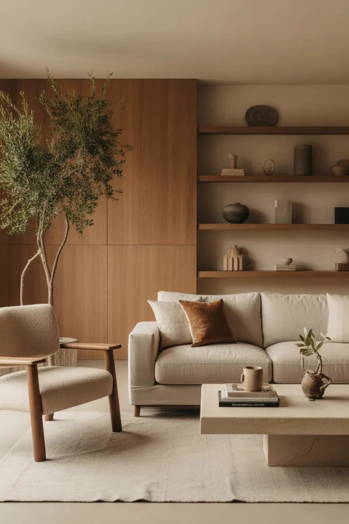 A high-end organic modern living room with Japandi-minimalist influence, soft natural morning light, warm earthy neutrals, oak wood textures, linen sofa, boucle accent chair, layered rugs, ceramic decor, olive tree, floating shelves, and stone coffee table. Wide eye-level shot with styled foreground objects, soft shadows, airy spacing, and a calm, elegant, inviting atmosphere.