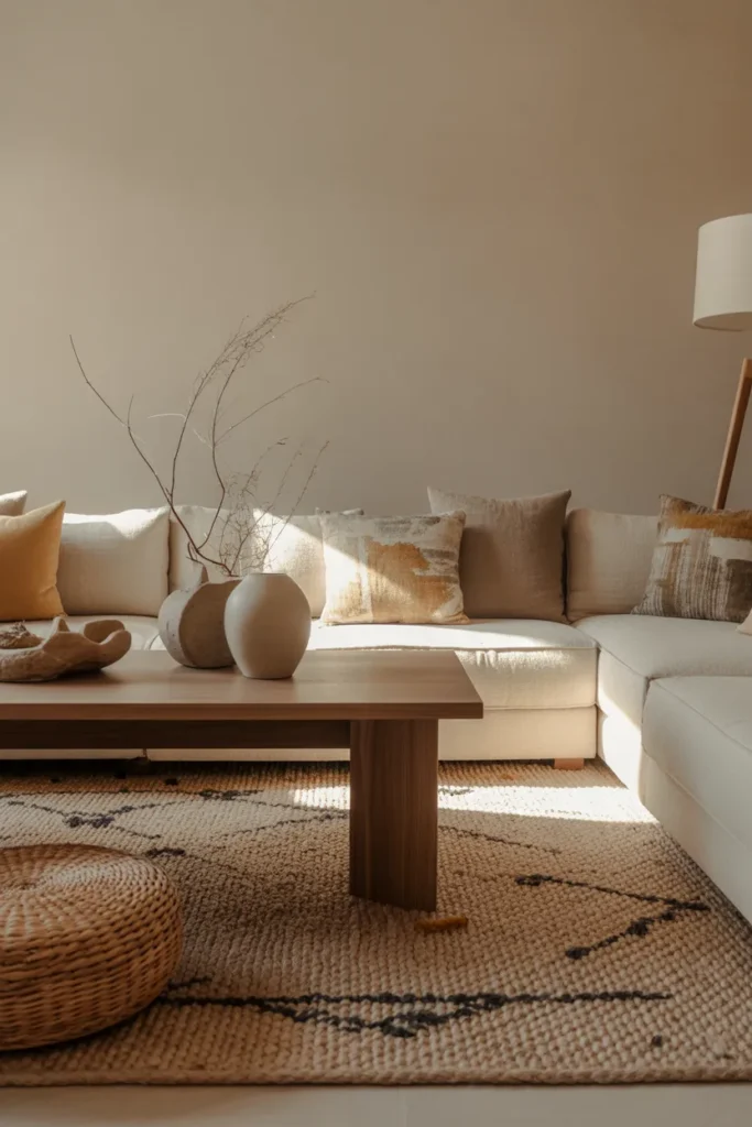 A modern organic living room with earthy layered styling, soft morning sunlight, warm beige, sand, and oat palette, woven rug with subtle contrast, linen sectional, walnut table, ceramic decor, dried branches, floor lamp, and textured cushions. Wide-angle eye-level shot with realistic rug texture, soft shadows, styled foreground layers, and a cozy, inviting editorial atmosphere.