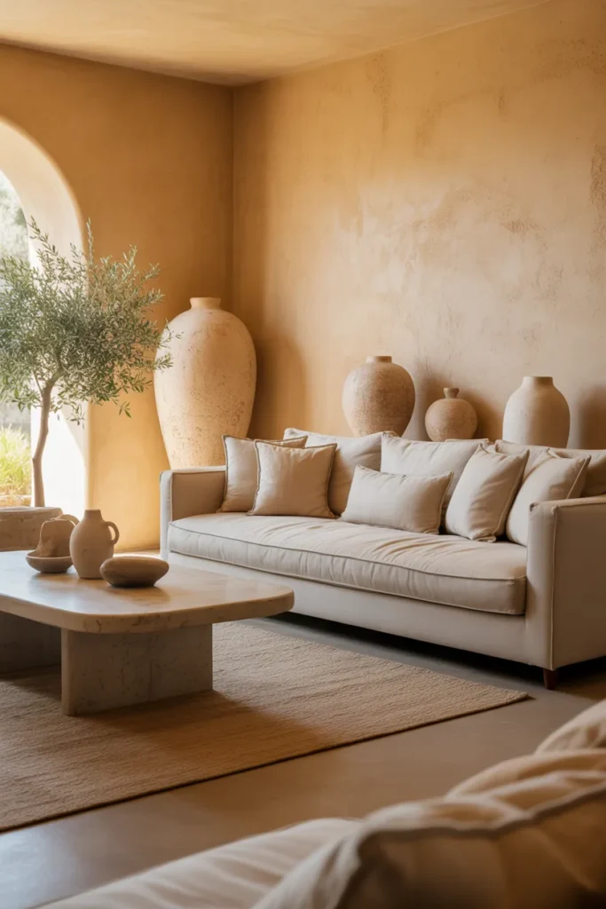 A Mediterranean-modern living room with textured plaster walls, warm ambient daylight, creamy sand and ivory palette, curved linen sofa, raw wood table, limewash finish, woven rug, ceramic vessels, olive tree, and soft layered textiles. Wide-angle eye-level shot with rich wall texture, natural shadows, foreground styling, and a cozy, elegant, high-end Pinterest interior feel.