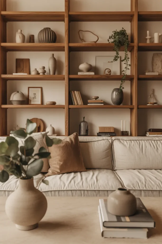 A refined organic modern living room with curated open shelf styling, soft natural afternoon light, warm beige, walnut, and ivory palette, oak shelves, linen sofa, travertine table, ceramic vases, stacked books, framed art, candles, and trailing greenery. Wide eye-level shot with foreground decor layers, realistic wood grain, soft shadows, and an elegant, lived-in Pinterest editorial mood.