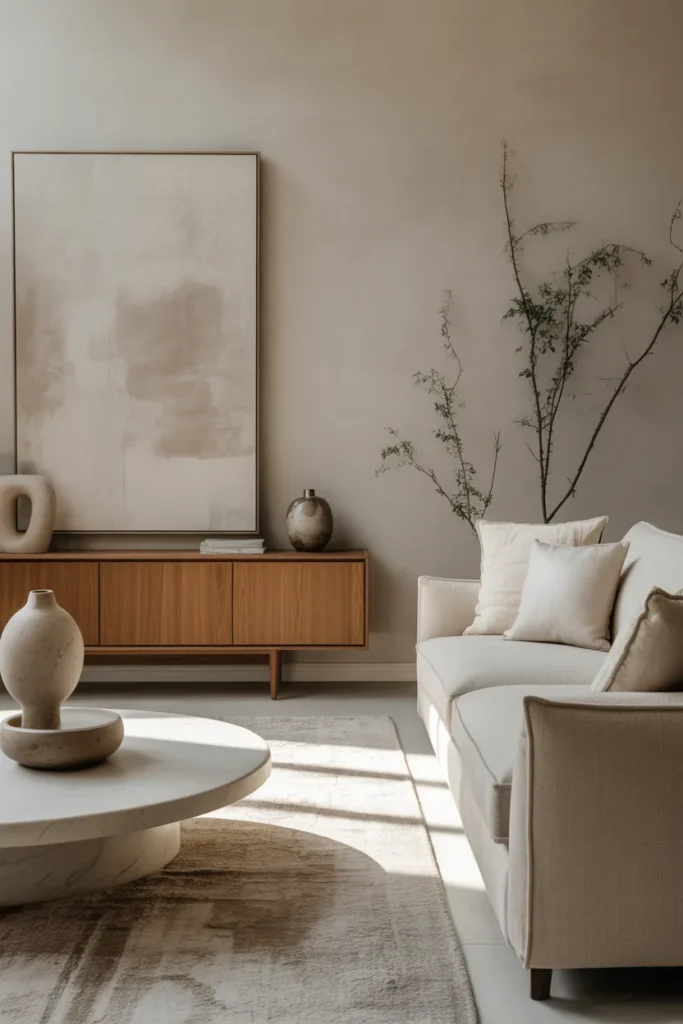 A minimalist luxury living room with gallery-inspired styling, soft morning light, creamy beige and taupe palette, oversized neutral abstract art, linen sofa, oak sideboard, marble accents, textured rug, ceramic objects, and tall branches. Wide interior shot with layered foreground decor, soft natural shadows, realistic wall texture, open spacing, and a serene, sophisticated atmosphere.