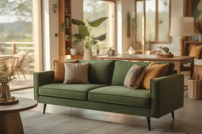 Green couch living room with modern decor, natural lighting, and cozy neutral styling