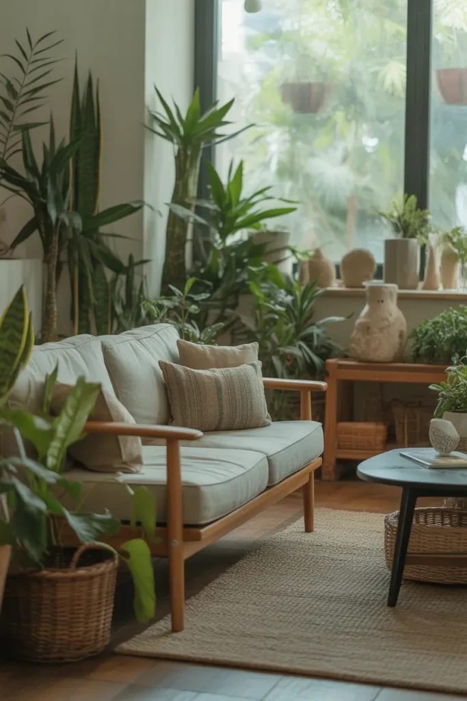 A biophilic living room filled with greenery, soft natural daylight streaming in, featuring earthy tones of green, brown, and beige. Wooden furniture, linen sofa, indoor plants of varying heights, woven baskets, and stone decor create texture. Calm refreshing mood. Wide eye-level shot with layered plants in foreground and airy background layout.