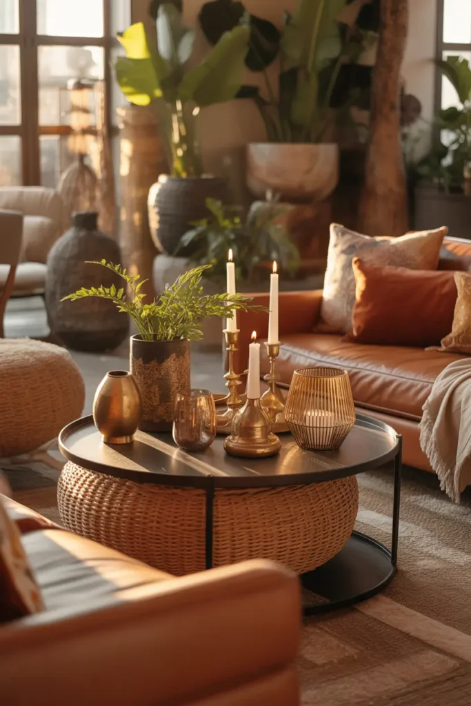 A boho-chic living room with a cozy coffee table surrounded by plush cushions and throws. The table is adorned with woven baskets, a mix of candles in brass holders, and a few statement-making plants in unique pots. The space is bathed in warm, golden-hour light, casting soft shadows on the room’s earthy-toned decor. The color palette is rich, with terracotta, deep greens, and gold accents. The furniture is a mix of vintage and modern, with a laid-back, comfortable atmosphere.