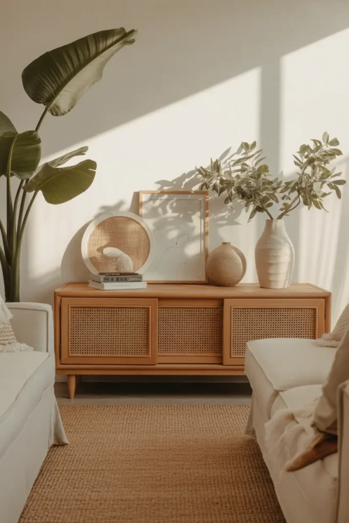 A warm organic modern living room with a cane-door media cabinet, soft morning light, and a palette of ivory, tan, honey wood, and sage green. Linen sofa, woven rug, ceramic vases, books, and indoor plants add rich layering. Eye-level wide shot with natural textures, soft fabric folds, wood grain, and a relaxed, high-end Pinterest-style layout.