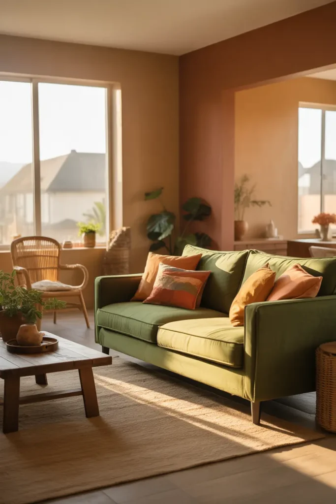 A boho-inspired living room featuring a green velvet couch with a relaxed, laid-back vibe. Soft natural light pours in through large windows, casting a warm, golden hour glow over the room. Earthy tones dominate the color palette, with beige and terracotta walls complementing the vibrant green couch. A rustic wood coffee table, rattan chairs, and potted plants add texture, while a jute rug anchors the space. The cozy atmosphere is enhanced by layers of throw pillows and blankets, creating a welcoming, inviting corner. The wide-angle shot captures the airy, bohemian feel of the room.