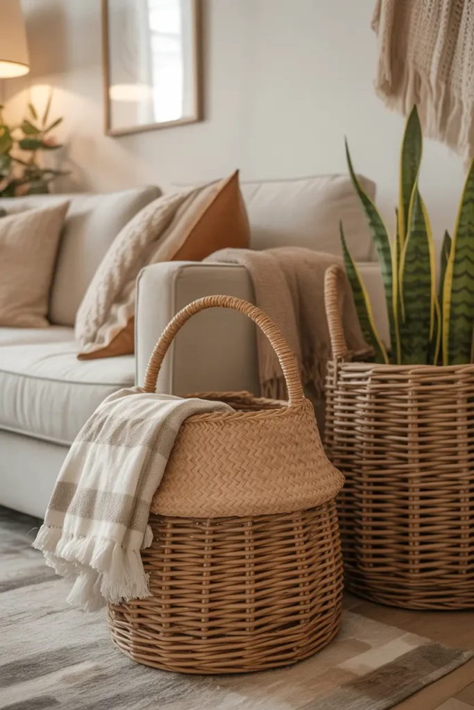  A boho-inspired living room featuring woven baskets made of rattan and seagrass used for decor and storage. Neutral tones dominate, with cozy textiles and soft lighting. Baskets are styled with blankets and plants, adding depth and texture. Warm, inviting atmosphere captured in a slightly angled wide shot with layered elements.