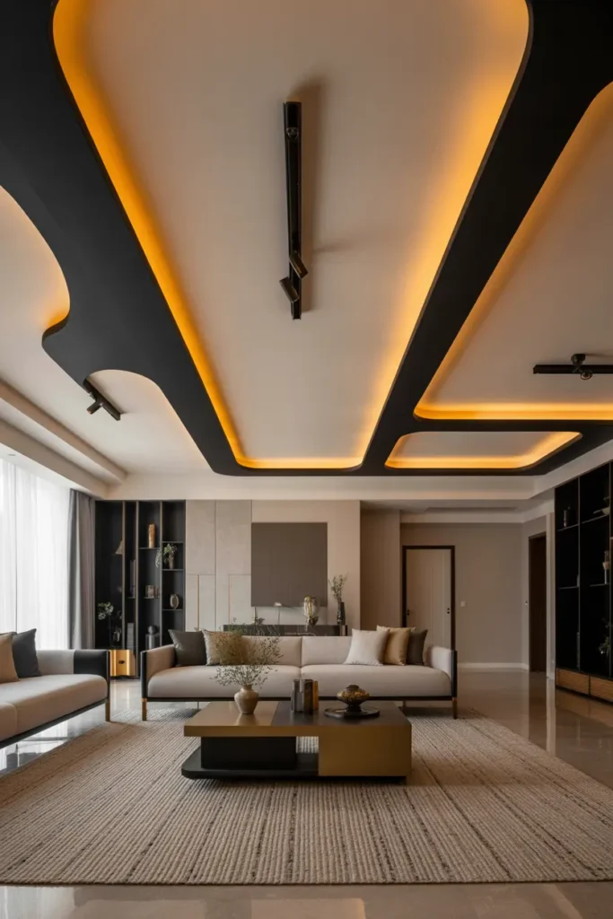 A bold contemporary living room with statement ceiling design, soft ambient lighting with hidden LED strips, featuring a neutral base with striking ceiling patterns in black and gold. Modern sofa, sleek furniture, minimal decor, and textured rug keep focus upward. Elegant dramatic mood. Wide-angle shot capturing ceiling detail with balanced foreground styling.