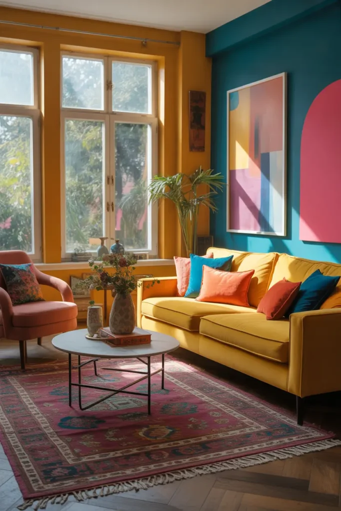 A bold eclectic Funky living rooms in maximalist style, flooded with natural daylight through large windows, featuring a vibrant color palette of mustard yellow, teal, and hot pink. Velvet sofa, patterned rug, abstract wall art, layered textiles, and mixed materials like wood and glass. Cozy yet energetic mood. Wide-angle shot with styled foreground decor and deep layered background.