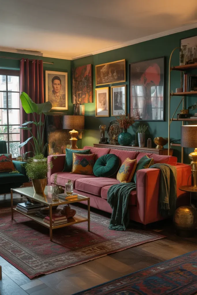  A bold maximalist living room bursting with decor, warm ambient lighting mixed with daylight, featuring rich jewel tones like emerald, burgundy, and gold. Velvet sofa, layered rugs, gallery walls, plants, books, and mixed textures like silk, wood, and brass. Lively artistic mood. Wide-angle shot with deep layered foreground and richly detailed background.
